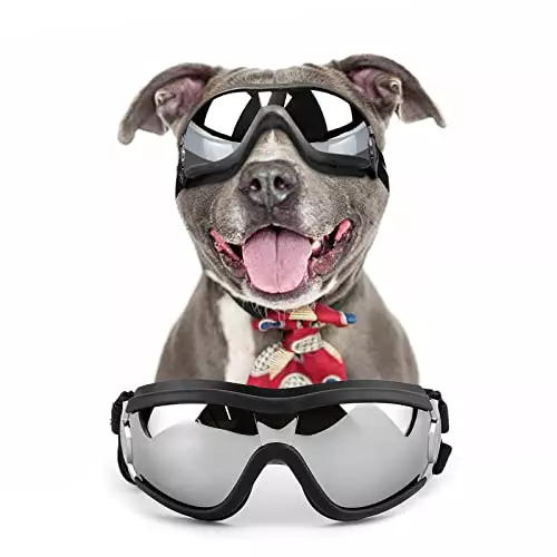 NAMSAN Dog Goggles Medium to Large Dog UV Sunglasses Windproof Anti-Dust Antifog Pet Dog Glasses Outdoor Protection, Medium Size Dogs Sunglasses with Elastic Straps, Black