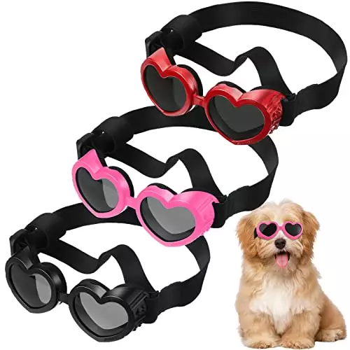 Nezyo Goggles Heart Shape Nezyo Sunglasses Puppy UV Protection Goggles Small Breed Doggie Windproof Glasses with Adjustable Strap Medium Pets 3 Pairs (Black, Red, Pink)