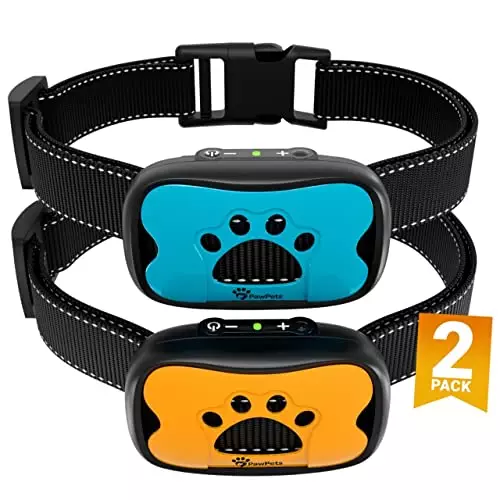PawPets Anti Bark Collar – No Shock Training Dog Collar – Humane with Vibration and Sound Barking Collar for Small Medium Large Dogs 5-100lbs – 2 Pack Blue Orange (Battery)
