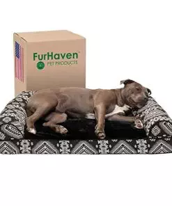 Furhaven Orthopedic Dog Bed for Large/Medium Dogs w/ Removable Bolsters & Washable Cover, For Dogs Up to 55 lbs – Plush & Southwest Kilim Woven Decor Sofa – Black Medallion, Large