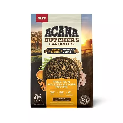 ACANA Butcher’s Favorites Dry Dog Food, Free-Run Poultry* & Liver Recipe, Dog Food Kibble & real chicken jerky, 4lb