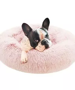 Eterish 23 inches Fluffy Round Calming Dog Bed Plush Faux Fur, Anxiety Donut Dog Bed for Small Dogs and Cats, Pet Cat Bed with Raised Rim, Machine Washable, Pink