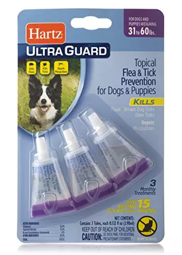 Hartz UltraGuard Flea & Tick Drops for Dogs & Puppies 31-60lbs – 3 Monthly Treatment