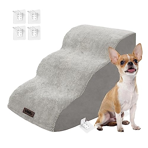 UWE Dog Stairs, Dog Ramps for Large Dogs and Small Dogs, High-Density Foam Never Collapse Easily, Non-Slip Dog Steps with Removable Cover, Dog Stairs for High Beds for Couch (Grey, 3 Steps)