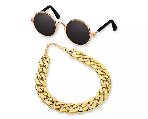 DS. DISTINCTIVE STYLE Retro Round Sunglasses with Golden Plastic Chain for Pet Cats and Small Dogs Cool and Funny Spectacles Pets Photo Props for Taking Pictures
