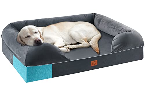 URPET 4 Inch Full Memory Foam Dog Bed with Bolster Pillow, Orthopedic Dog Bed for Large and Extra Large Dogs, Soft Waterproof Couch Pet Bed with Removable Washable Cover and Durable Zipper, Grey,44×34