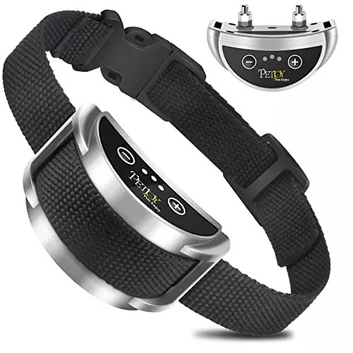 PetJoy Shock Collar, Waterproof & Rechargeable Bark Collar w/5 Adjustable Sensitivity and 7 Progressive Levels Using Beep & Shock(Silver)