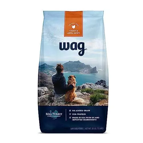 Amazon Brand – Wag High Protein Dry Dog Food Turkey & Lentil Recipe, Grain Free (30 lb. Bag)