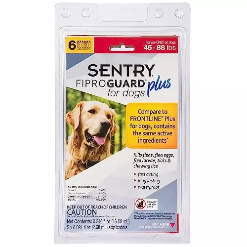 SENTRY Fiproguard Plus for Dogs, Flea and Tick Prevention for Dogs (45-88 Pounds), Includes 6 Month Supply of Topical Flea Treatments