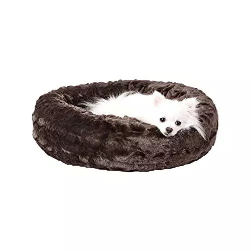Veehoo Calming Dog Bed & Cat Bed, Anti-Anxiety Small Dog Beds for Medium Dogs, Washable Donut Round Pet Bed with Fluffy Faux Fur for Puppy and Kitten, 23×23 inch, Brown