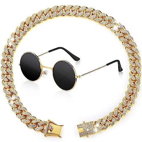 2 Pieces Gold Cat Dog Chain Collar and Sunglasses Set Rhinestone Cuban Collar Chain with Design Secure Buckle Retro Round Glasses for Dogs Cats Party Cosplay Costumes Funny Photo Props (18 Inch)