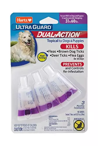 Hartz UltraGuard Dual Action Topical Flea & Tick Treatment for Dogs and Puppies – 31-60lbs, 3 Monthly Treatments