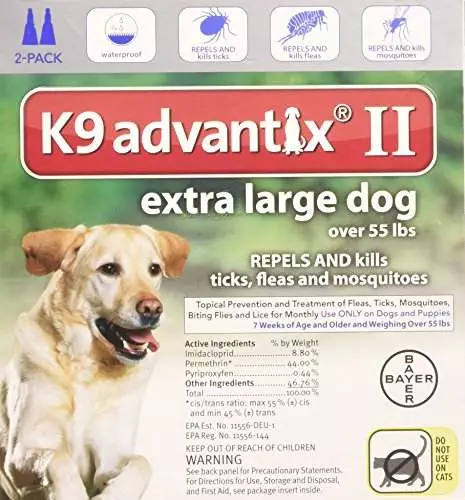 Bayer K9 Advantix II, Flea And Tick Control Treatment for Dogs, Over 55 Pound, 2-Month Supply