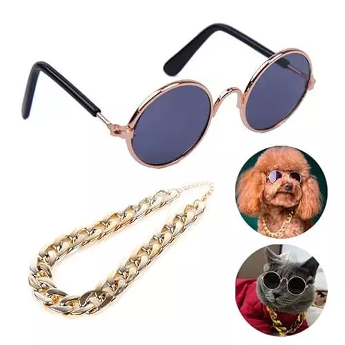 Cat and Dog Sunglasses Gold Chain Two-Piece Set, Pet Sunglasses, Retro Classic Pet Glasses, Adjustable Pet Chain, Photo Prop, for Kittens and Puppy (Black)