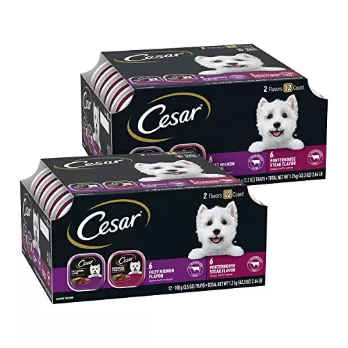 CESAR Adult Wet Dog Food Classic Loaf in Sauce Filet Mignon and Porterhouse Steak Flavors Variety Pack, 3.5 oz. Easy Peel Trays, Pack of 24