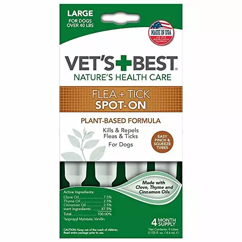 Vet’s Best Flea and Tick Spot-on Drops, Topical Flea and Tick Prevention for Dogs – Plant-Based Formula – Certified Natural Oils – for Large Dogs – 4 Month Supply