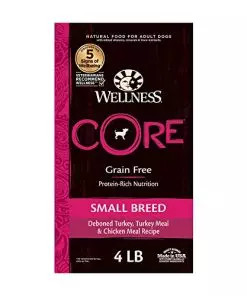 Wellness Natural Pet Food CORE Grain-Free High-Protein Small Breed Dry Dog Food, Natural Ingredients, Made in USA with Real Meat (Adult, Turkey, 4-Pound Bag)