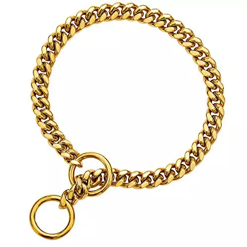 txprodogchains 18K Gold Chain Dog Collar 10MM Cuban Link Chain Stainless Steel Metal Links Walking Training Collar for Small Medium Large Dogs 10in to 27in