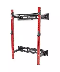 Signature Fitness 3” x 3” Wall Mounted Fold-in Power Cage Squat Rack with Adjustable Pull Up Bar and J Hooks – Space-Saving Home Gym, Red