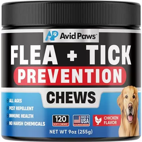 Dog Flea and Tick Treatment Chewable (Chicken Flavor) – US Made Natural Flea and Tick Prevention for Dogs Chewable Tablets – Flea and Tick Chews for Dogs – Soft Oral Flea Pills for All Breeds & Ages