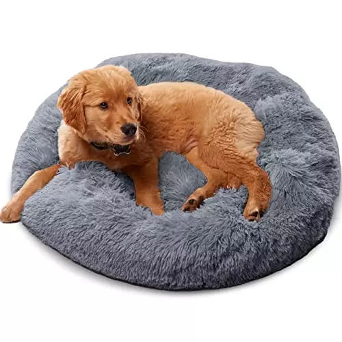 Active Pets Plush Calming Donut Dog Bed – Anti Anxiety Bed for Dogs, Soft Fuzzy Comfort – for Small Dogs and Cats, Fits up to 25lbs, 23″ x 23″ (Small, Dark Grey)