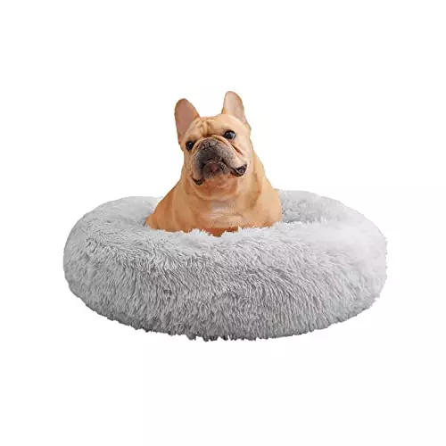 Calming Dog and Cat Bed, 27.6″ Dog Beds for Small Medium Dogs and Cats, Anti-Anxiety Donut Soft Round Bed, Washable Dog Bed , Light Grey
