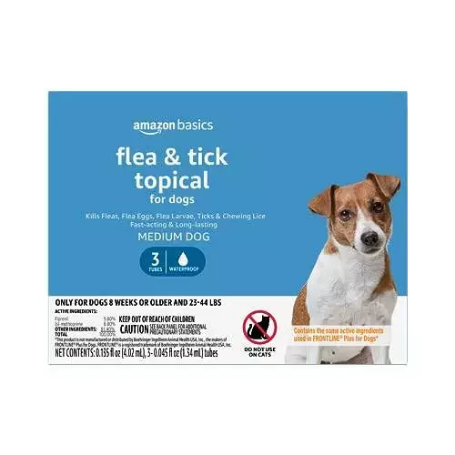 Amazon Basics Flea and Tick Topical Treatment for Medium Dogs (23-44 lbs), 3 Count (Previously Solimo)