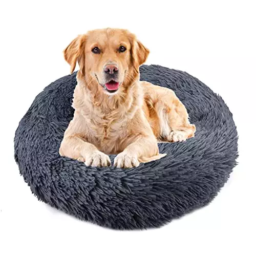 35.4″ Extra Large Calming Dog and Cat Bed, Dog Beds for Dogs and Cats, Anti-Anxiety Donut Soft Round Bed, Washable Dog Bed, Dark Grey