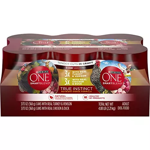 Purina ONE True Instinct Tender Cuts in Gravy With Real Turkey and Venison, and With Real Chicken and Duck High Protein Wet Dog Food Variety Pack – (6) 13 oz. Cans