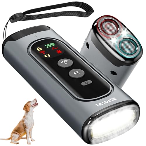 TASDISE Portable Dog Barking Control Devices, Built-in HD Display Screen, Rechargeable Ultrasonic Dog Bark Deterrent Devices, Safe & Effective Anti Bark Training Devices with Torch LED Light (Grey)