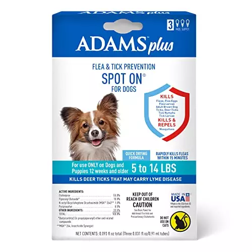 Adams Plus Flea & Tick Prevention Spot On for Dogs 5-14 Pounds, 12 Weeks & Older, 3-Month Supply, Kills Fleas, Flea Eggs, Flea Larvae, Brown Dog & Deer Ticks, Kills and Repels Mosquitoes For 30 Days