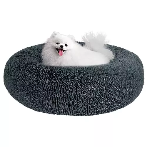 Small Dog Bed, Anti-Anxiety Calming Dog Bed, Warming Cozy Soft Donut Dog Bed, Fluffy Faux Fur Plush Dog Bed for Small Dogs and Cats, Machine Washable.(Gray, 23x23in)