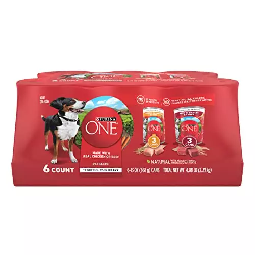 Purina ONE Tender Cuts in Gravy Chicken and Brown Rice, and Beef and Barley Entrees Wet Dog Food Variety Pack – (6) 13 oz. Cans