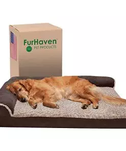 Furhaven Orthopedic Dog Bed for Large Dogs w/ Removable Bolsters & Washable Cover, For Dogs Up to 95 lbs – Two-Tone Plush Faux Fur & Suede L Shaped Chaise – Espresso, Jumbo/XL