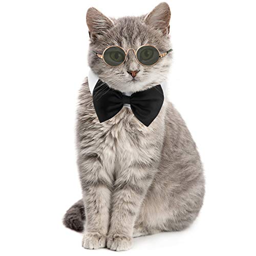 2 Pieces Pets Dog Cat Bowtie Tie Sunglasses Pet Costume Adjustable Formal Necktie Collar for Cats Small Dogs Puppy Round Metal Cat Classic Retro Sunglasses Grooming Accessories Cosplay Party