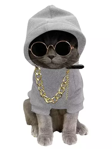 QWINEE 3Pcs Dog Hoodie Cat Apparel Dog Custume Set with Necklace and Sunglasses Pet Clothes for Puppy Small Medium Dogs Cats Grey S