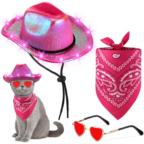 Aliceset 3 Pcs Pet Cowboy Costume Accessories Set Neon Sparkly Glitter LED Cowboy Dog Hat Paisley Bandanna Collar and Sunglasses Light up Western Small Cat Dog Cowboy Costume (Shiny, Rose Red)