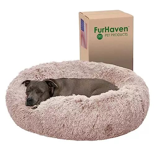 Furhaven 36″ Round Calming Donut Dog Bed for Large/Medium Dogs, Refillable w/ Removable Washable Cover, For Dogs Up to 75 lbs – Shaggy Plush Long Faux Fur Donut Bed – Taupe, Large