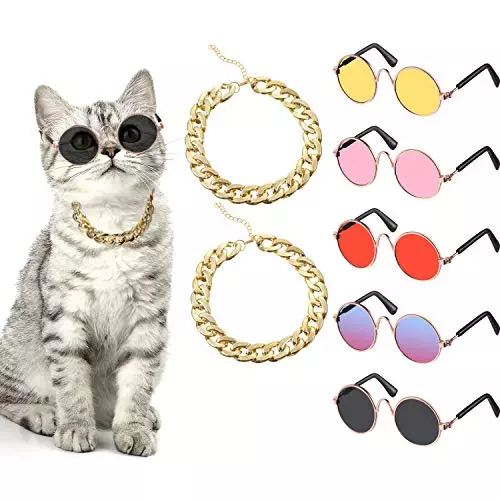 7 Pieces Sunglasses for Cats Dog Sunglasses Gold Chain Costume Funny Cute Cat Glasses Retro Pet Cosplay (Vivid Colors, Lovely Style)