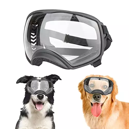 NAMSAN Clear Dog Goggles Medium Large Dog Sport Sunglasses UV Protection Soft Pet Goggles Deep Eyecups Fog/Windproof Outdoor Eyewear for Medium-Large Dogs, Black