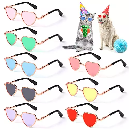 8 Pcs Heart Metal Sunglasses for Cats Small Dogs Costume Retro Small Cat Glasses Dog Glasses Dolls Sunglasses Party Cosplay Costume Photo Prop