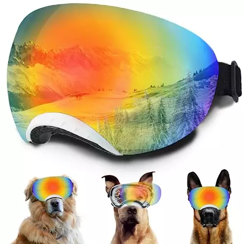 Dog Goggles, Dog Sunglasses Magnetic Reflective Colored Lens,Goggles with Adjustable Strap for Medium-Large Size Dogs(White Frame)
