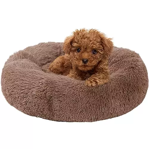 Round Dog Beds & Cat Plush Bed, Faux Fur Cuddler Comfortable Self Warming Pet Bed, Washable Soft Plush Burrowing Donut Bed for Dog & Cat, Kitty and Puppy Bed with Anti Slip Bottom