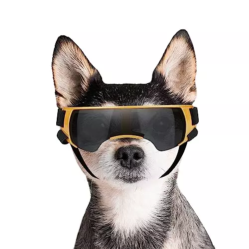 Dog Goggles Sunglasses Small to Medium Breed, Anti-Fog UV400 Lens Puppy Sunglasses, Adjustable Lightweight Doggie Goggles for UV, Wind, Snow, Dust Protection, Gold