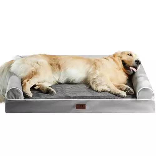 Figopage Orthopedic Dog Sofa Bed for Large Dogs, Pet Couch with Removable Washable Cover and Waterproof Liner, Egg Foam Bolster with Nonskid Bottom