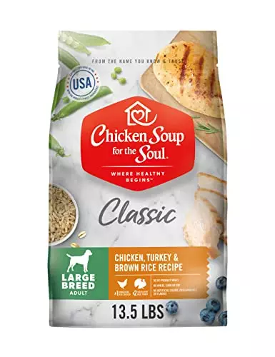 Chicken Soup for The Soul Pet Food – Large Breed Adult Dog Food – Chicken, Turkey & Brown Rice Recipe, 13.5 PoundSoy Free, Corn Free, Wheat Free Dry Dog Food, No Artificial Flavors or Preservatives