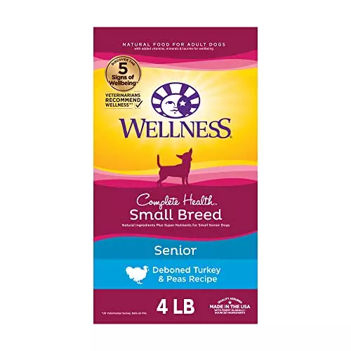 Wellness Complete Health Small Breed Dry Dog Food with Grains, Natural Ingredients, Made in USA with Real Turkey, For Dogs Up to 25 lbs. (Senior, Turkey & Peas, 4-Pound Bag)