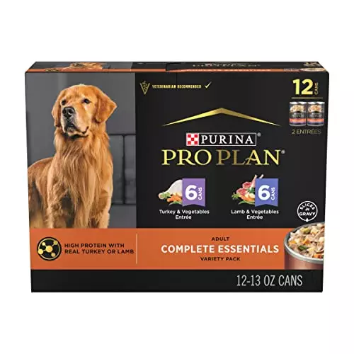 Purina Pro Plan Complete Essentials Lamb and Vegetables and Turkey and Vegetables Slices in Gravy 12ct High Protein Wet Dog Food Variety Pack – (12) 13 oz. Cans