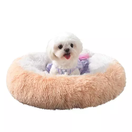 Something Different Calming Dog & Cat Bed, Anti-Anxiety Donut Cuddler Warming Cozy Soft Round Bed, Fluffy Faux Fur Plush Cushion Bed for Small Medium Dogs and Cats,24”,Yellow