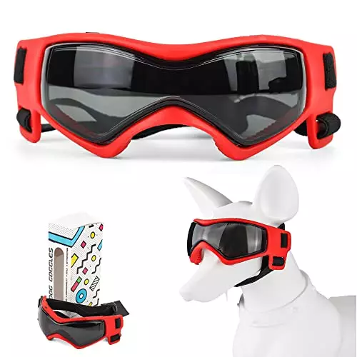 Shingoql Dog Goggles Easy Wear Small Dog Sunglasses Adjustable Anti-UV Waterproof Windproof Puppy Glasses for Small Breed to Medium Dog (Red)